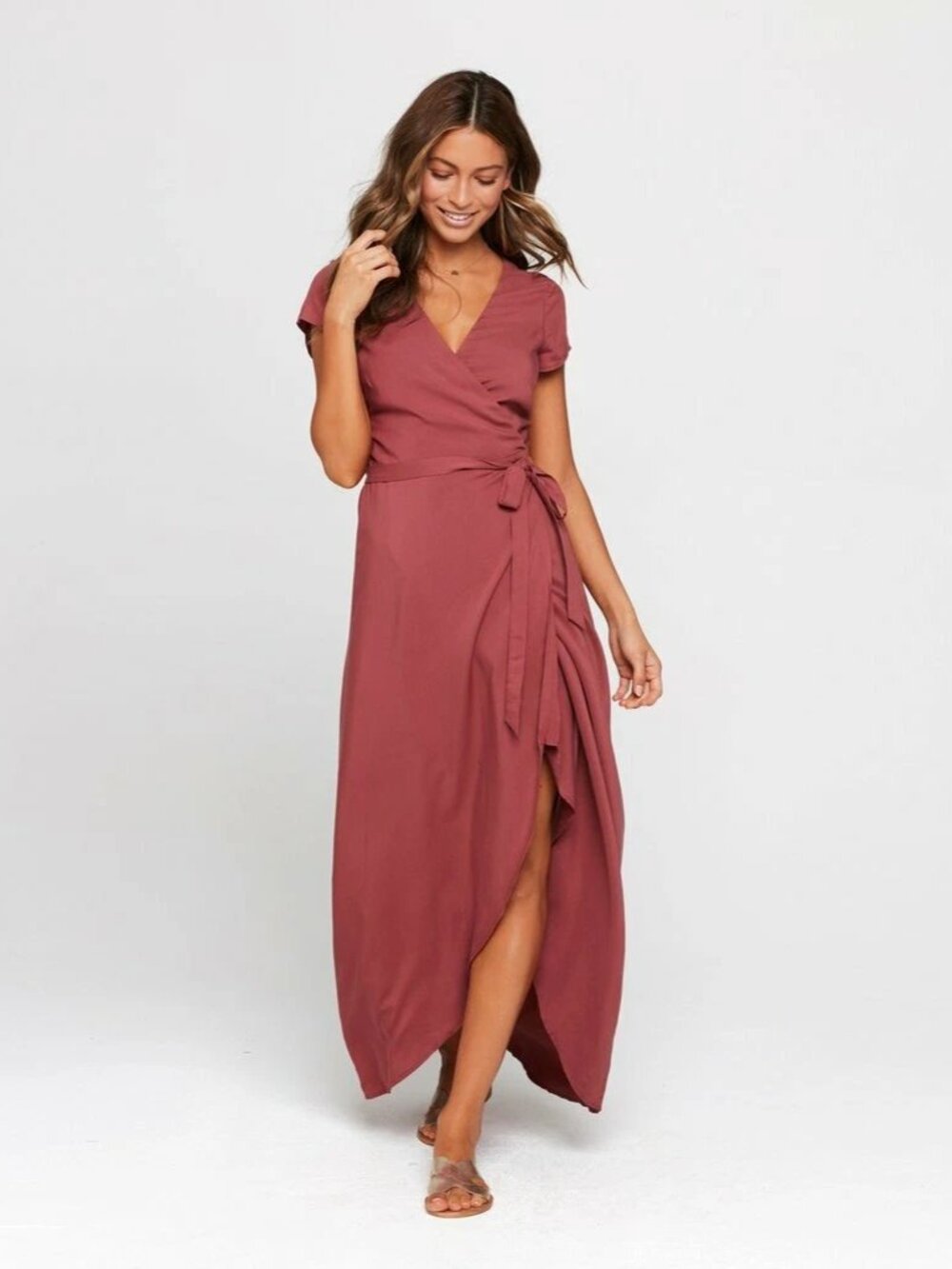 L*SPACE Goa Currant Red Mauve Twill Maxi Wrap Dress Coverup, Size M